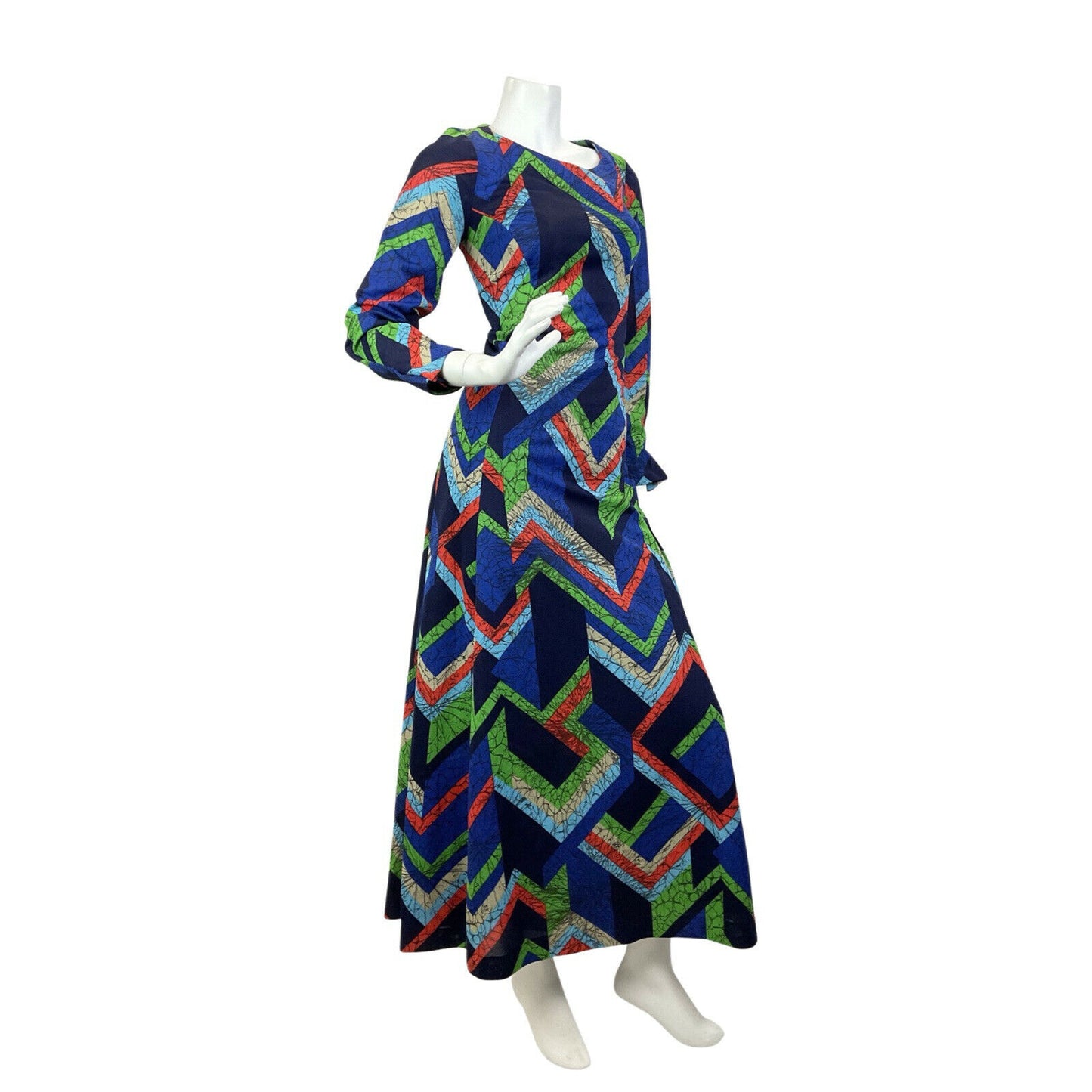 VINTAGE 60s 70s BLUE RED GREEN GEOMETRIC MARBLED OP-ART MOD MAXI DRESS 10