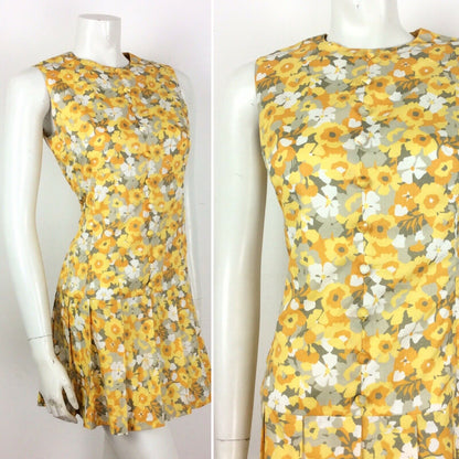 VINTAGE 60s 70s SUMMER FLORAL DITSY DRESS YELLOW ORANGE WHITE SILVER GLITTERY 10