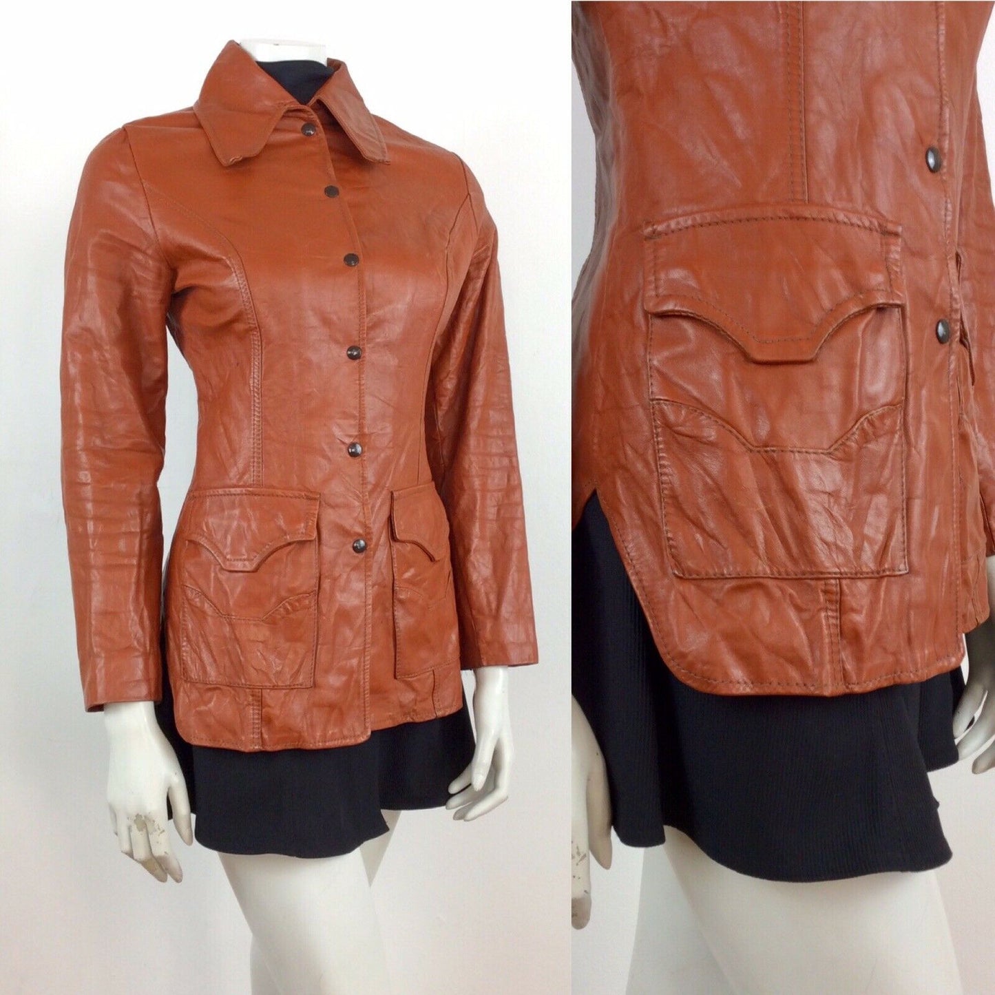 AMAZING VINTAGE 70s DEEP TAN BURNT ORANGE BROWN FITTED LEATHER JACKET 6 8 10