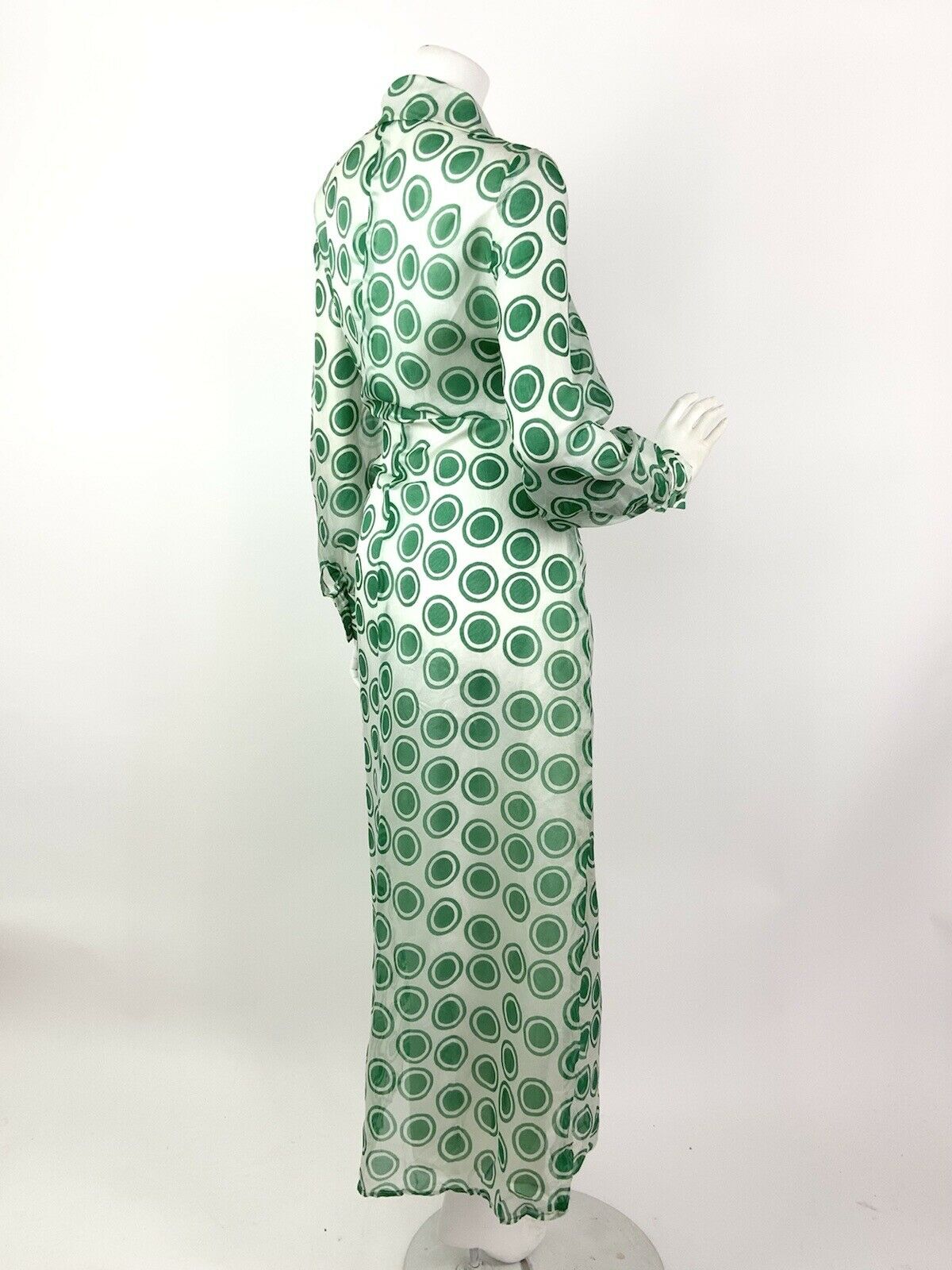 VINTAGE 60s 70s WHITE GREEN POLKA-DOT SHEER MOD DAGGER MAXI DRESS 14 16