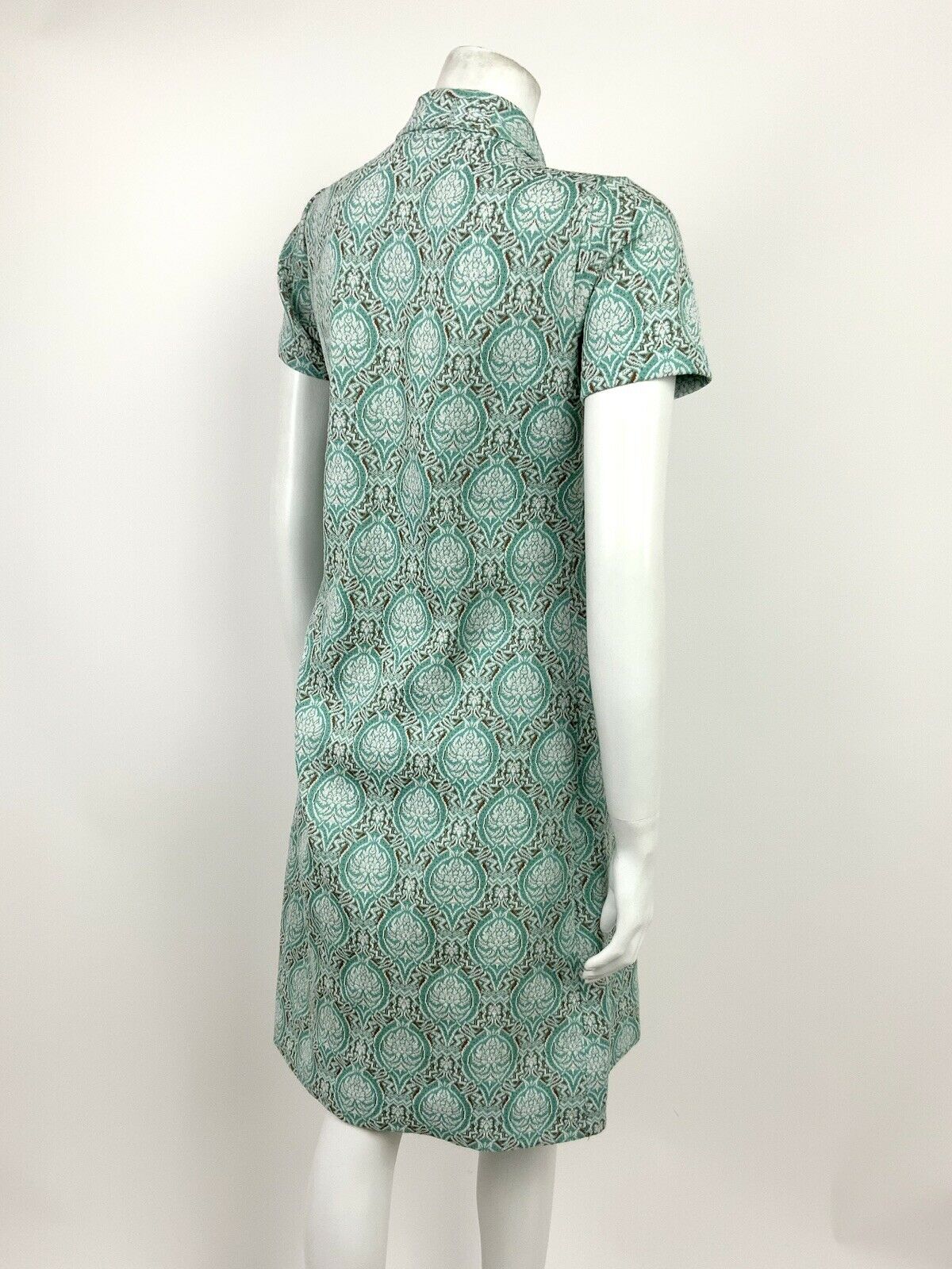 VTG 60s 70s MINT GREEN WHITE BROWN DAMASK ART NOUVEAU FLORAL COLLAR DRESS 12 14