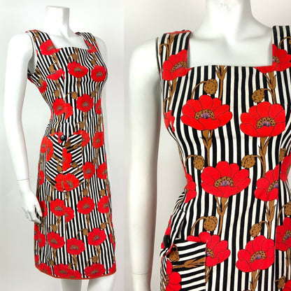 VINTAGE 60s 70s BLACK WHITE RED STRIPED FLORAL POPPY SLEEVELESS DRESS 10 12