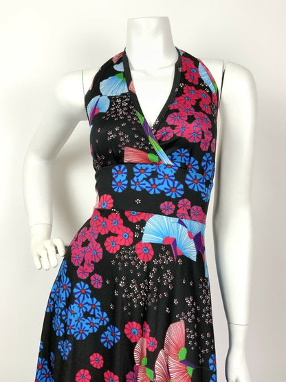 VINTAGE 60s 70s BLACK BLUE PINK JAPANESE FLORAL HALTER SUMMER MAXI DRESS 8 10