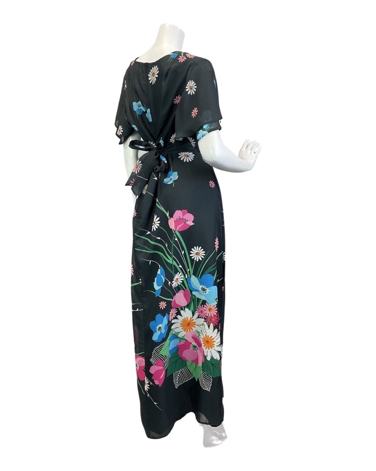 VINTAGE 60s 70s BLACK PINK GREEN FLORAL DAISY MOD SHEER SUMMER MAXI DRESS 14 16