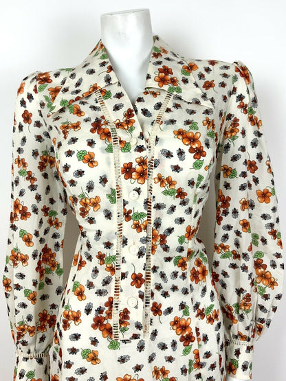 VINTAGE 60s 70s WHITE ORANGE GREEN FLORAL BEETLE DAGGER SHIRT DRESS 14 16