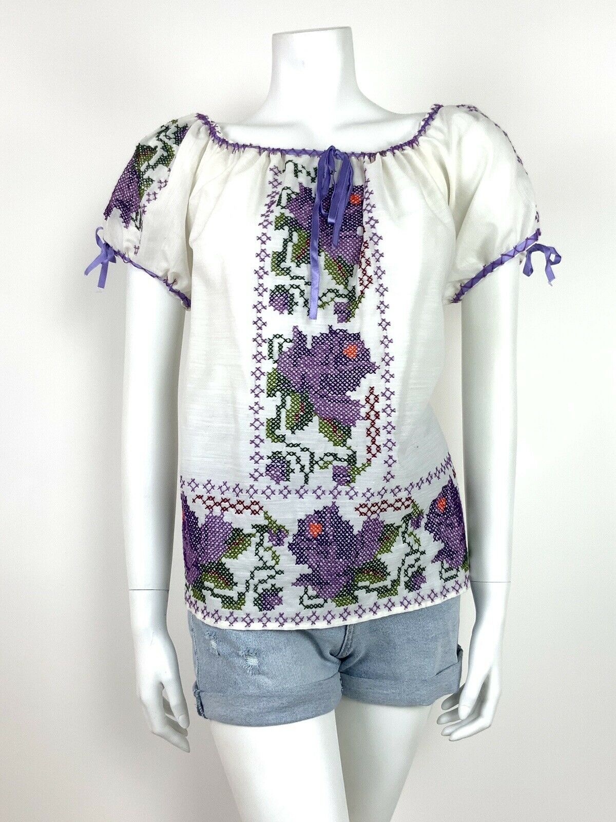 VTG 60s 70s WHITE PURPLE GREEN EMBROIDERED FLORAL BLOUSE FOLK ETHNIC 10 12 14 16