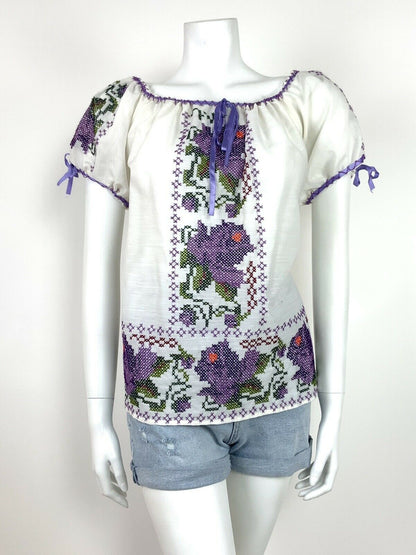 VTG 60s 70s WHITE PURPLE GREEN EMBROIDERED FLORAL BLOUSE FOLK ETHNIC 10 12 14 16