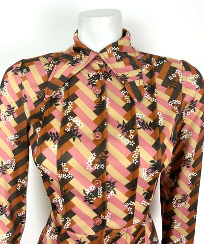 VINTAGE 60s 70s BROWN PINK CREAM PARQUET FLORAL GEOMETRIC DAGGER SHIRT DRESS 10