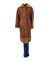 VINTAGE 60s 70s RUSSET BROWN SUEDE LEATHER SHEARLING LONG COAT 16 18