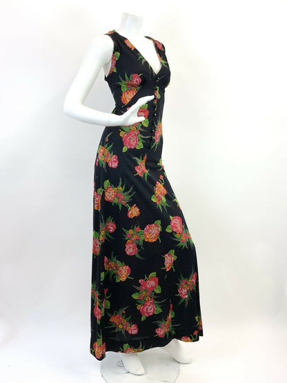 VINTAGE 60s 70s BLACK RED GREEN FLORAL ROSE BOUQUET SLEEVELESS MAXI DRESS 10 12