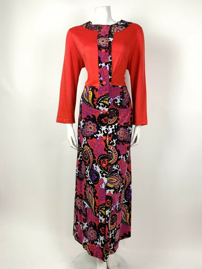 VTG 60s 70s RED BLACK PURPLE YELLOW PSYCHEDELIC FLORAL PAISLEY MAXI DRESS 16 18