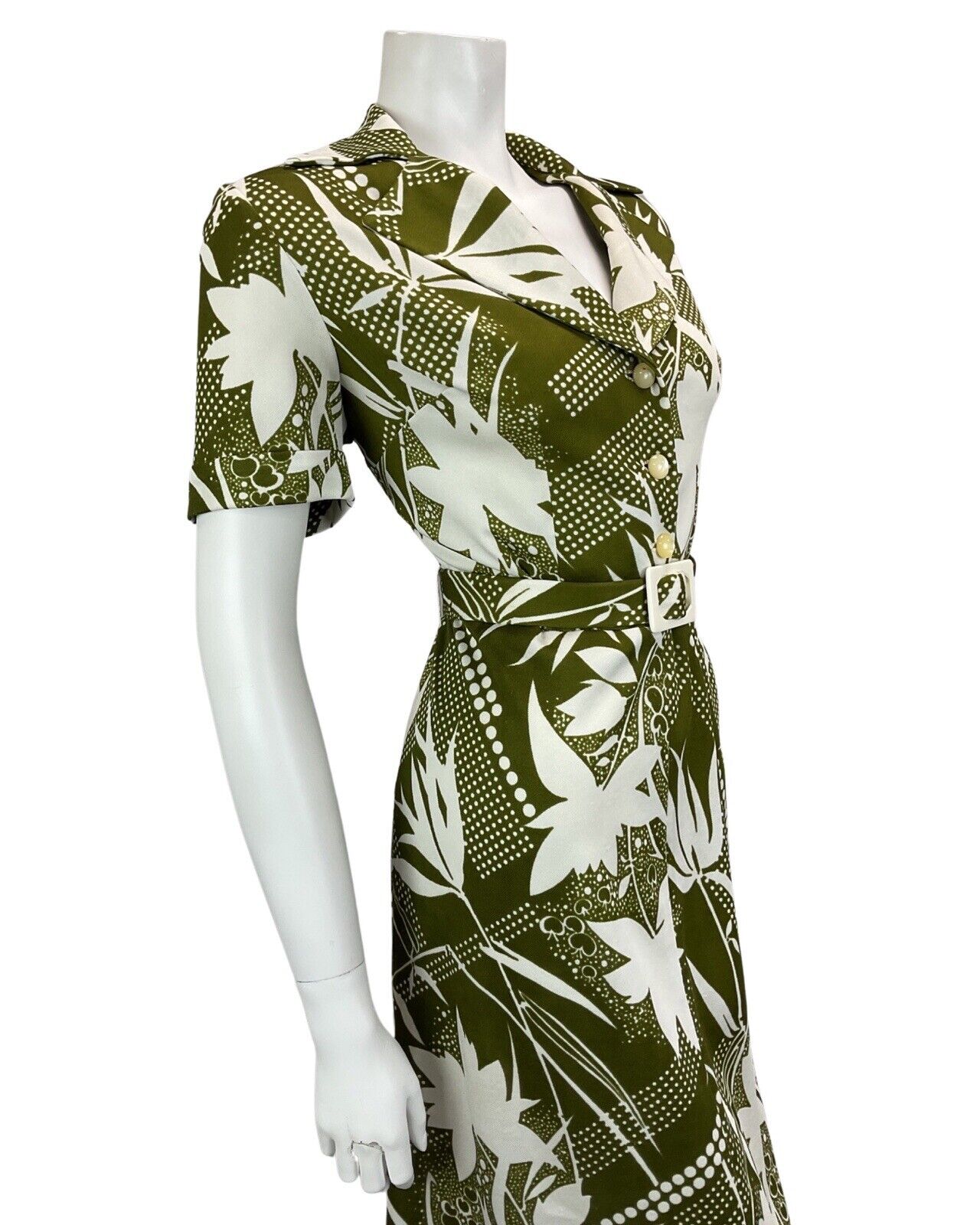 VINTAGE 60S 70S WHITE KHAKI GREEN FLORAL ABSTRACT PRINT BELTED MIDI DRESS 12 14