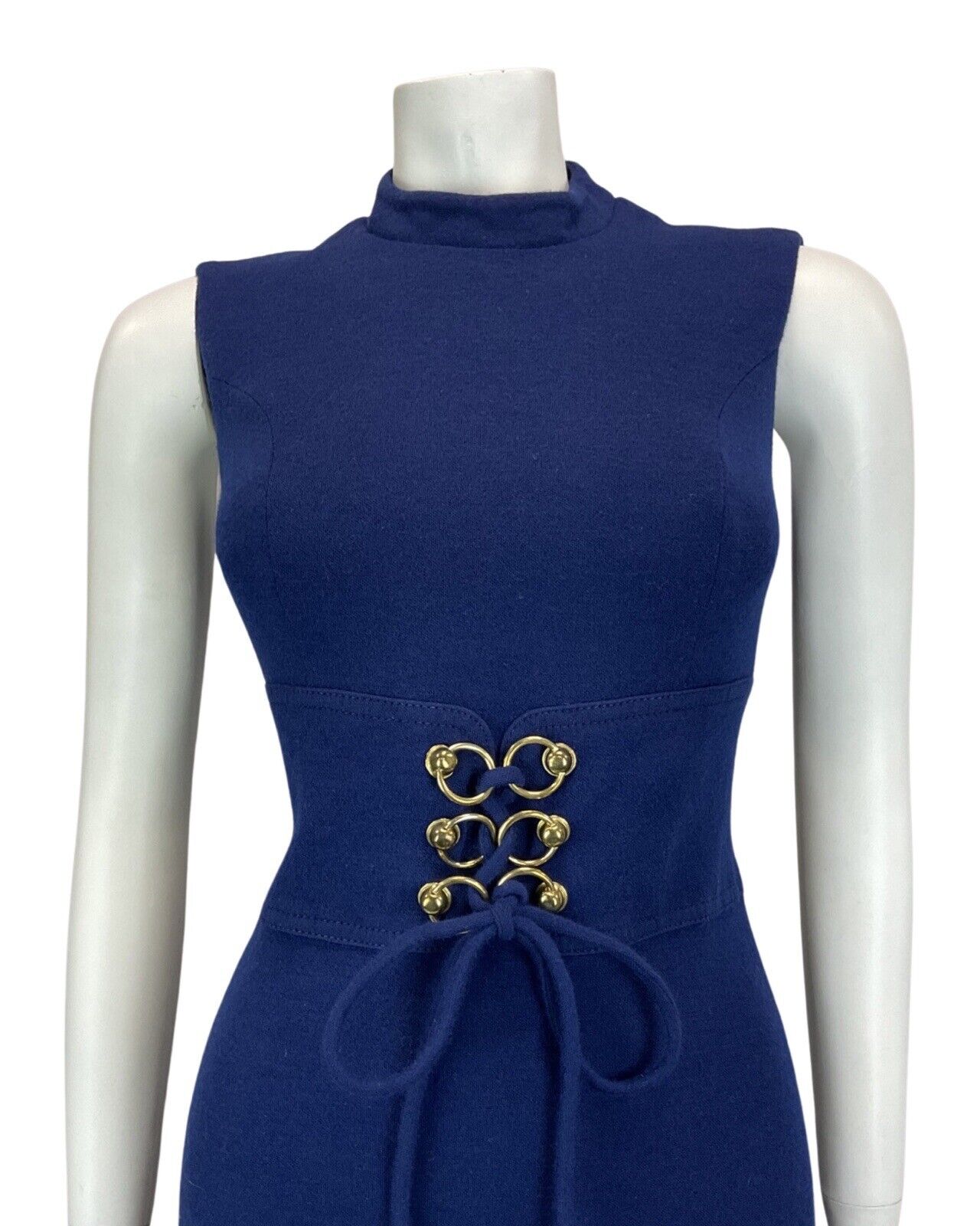 VINTAGE 60s 70s NAVY BLUE GOLD LACE-UP SLEEVELESS MOD KNEE-LENGTH WOOL DRESS