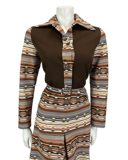 VINTAGE 60S 70S BROWN BEIGE TAN STRIPED ABSTRACT  PRINT MIDI DRESS 14 16