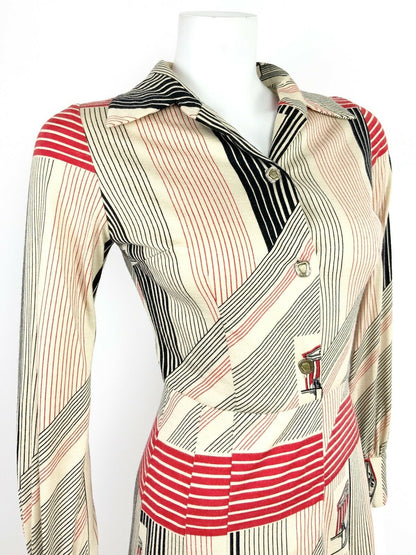 VTG 60s 70s CREAM BLACK RED STRIPED PANTHEON ROMAN PARISIAN SHIRT DRESS 8