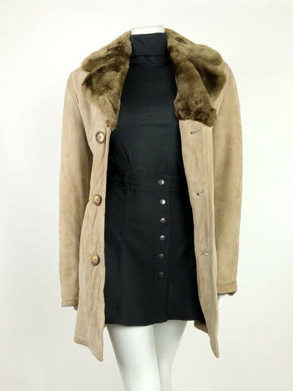 VTG 60s 70s BEIGE BROWN SUEDE LEATHER FUR TRIM SHEARLING HIPPY BOHO COAT 10 12