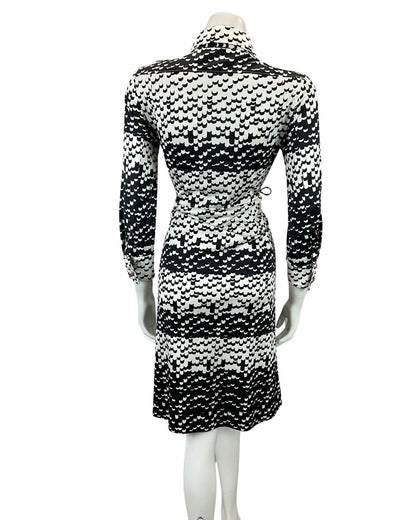 VINTAGE 60s 70s WHITE BLACK ABSTRACT PATTERN MOD BOHO MIDI DRESS 12 14