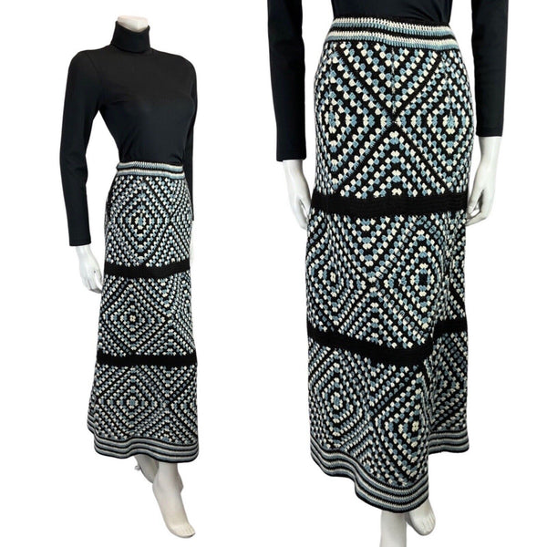 VINTAGE 70s BLUE BLACK WHITE DIAMOND CROCHETED BOHO FOLK KNITTED MAXI SKIRT 8