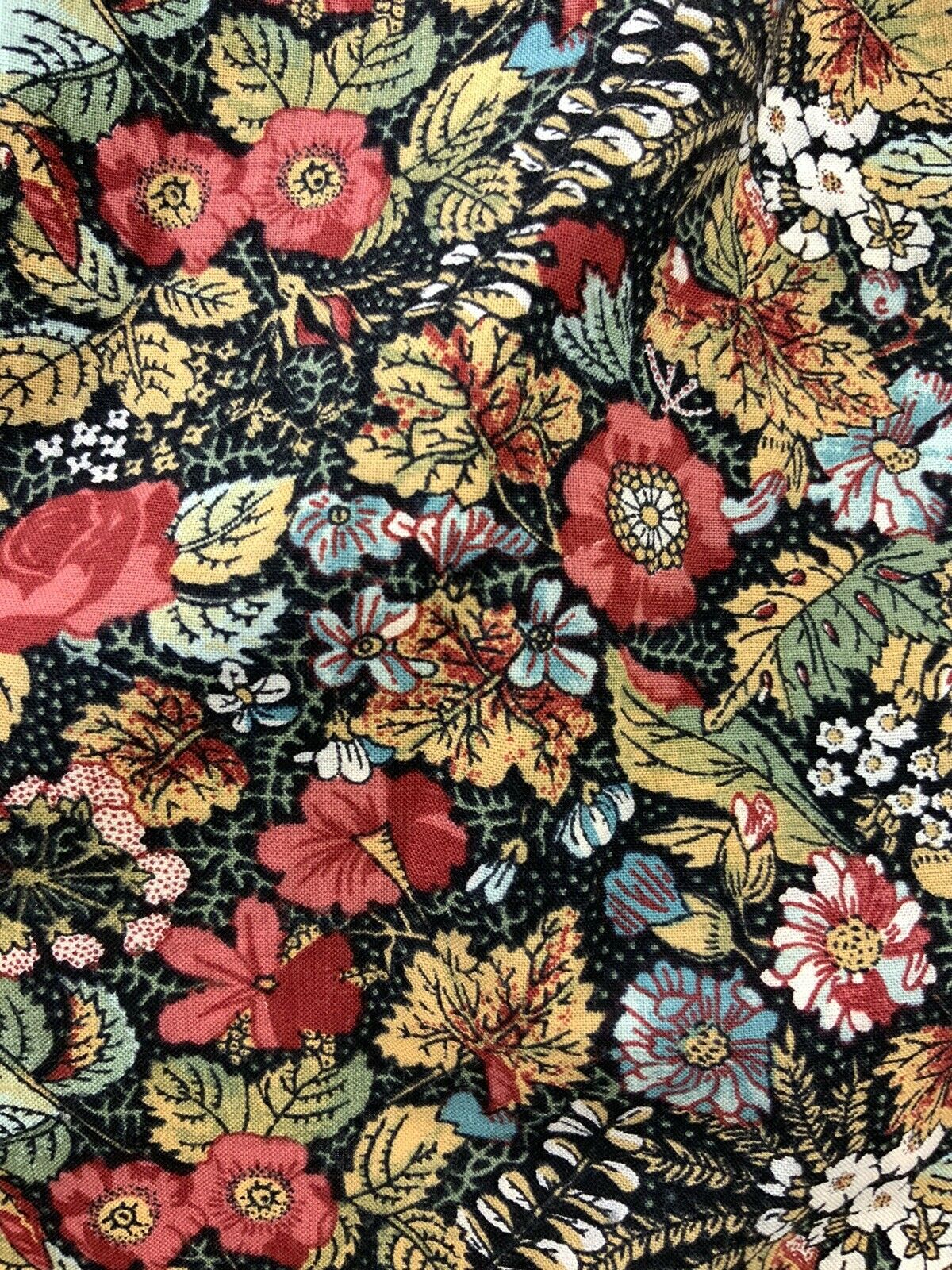 VTG 60s 70s FOLK BLACK RED BLUE YELLOW FLORAL LEAF DITSY DRESS 10 12