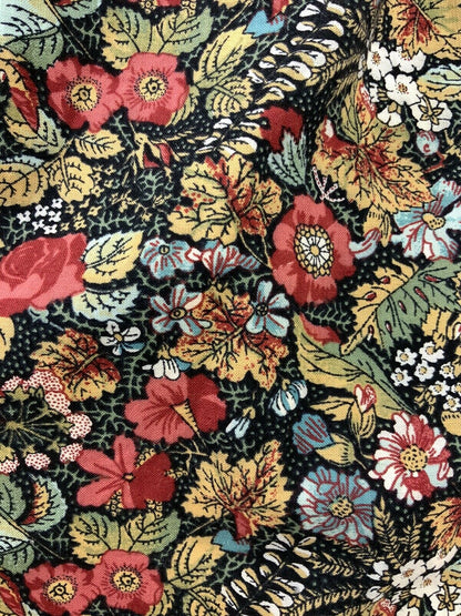 VTG 60s 70s FOLK BLACK RED BLUE YELLOW FLORAL LEAF DITSY DRESS 10 12