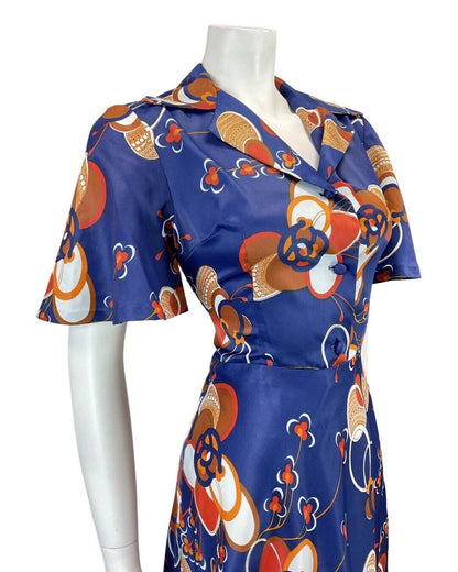 VINTAGE 60s 70s BLUE ORANGE RED ABSTRACT FLORAL MOD SWING SHIRT DRESS 8 10