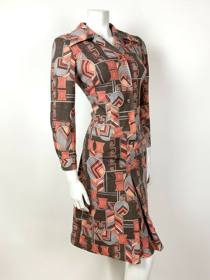 VINTAGE 60s 70s BROWN ORANGE GREY RED GEOMETRIC DAGGER SHIRT DRESS 10 12