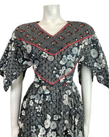 VTG 60s 70s BLACK WHITE RED DITSY FLORAL HANDKERCHIEF SLEEVE BOHO FOLK DRESS 6