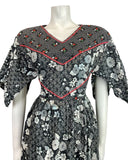 VTG 60s 70s BLACK WHITE RED DITSY FLORAL HANDKERCHIEF SLEEVE BOHO FOLK DRESS 6