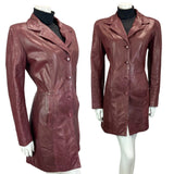 VINTAGE 60s 70s DARK PLUM BIG COLLAR LEATHER MOD TRENCH JACKET 14 16