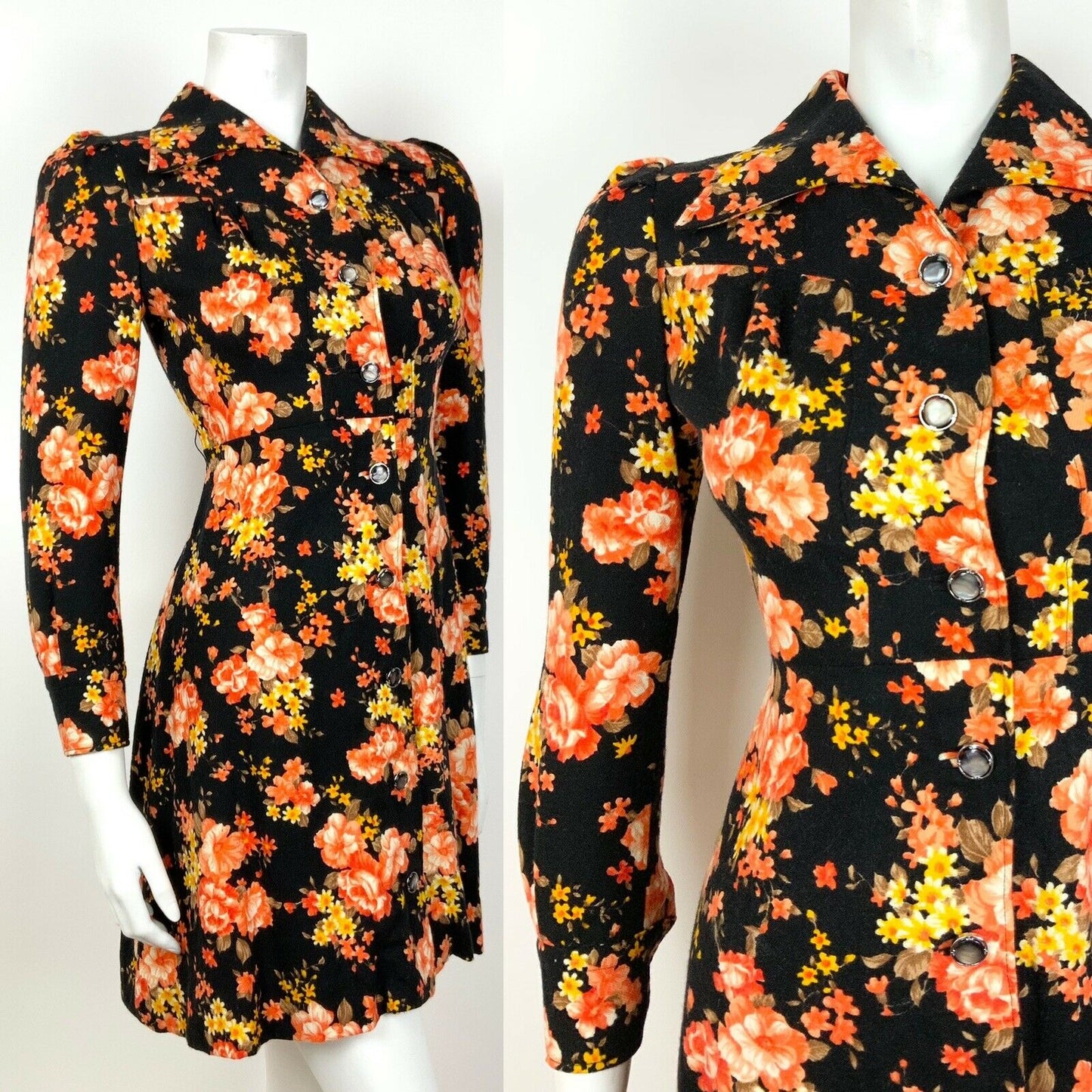 VINTAGE 60s 70s BLACK ORANGE YELLOW BROWN FLORAL WING COLLAR SHIRT DRESS 8