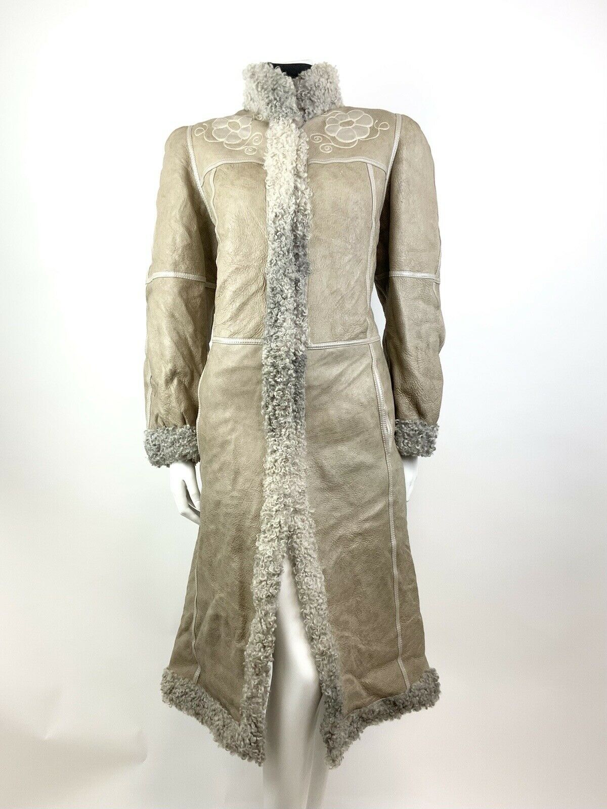 VINTAGE 60s 70s BEIGE CREAM LEATHER FLORAL EMBROIDERED BOHO MOD LONG COAT 14 16