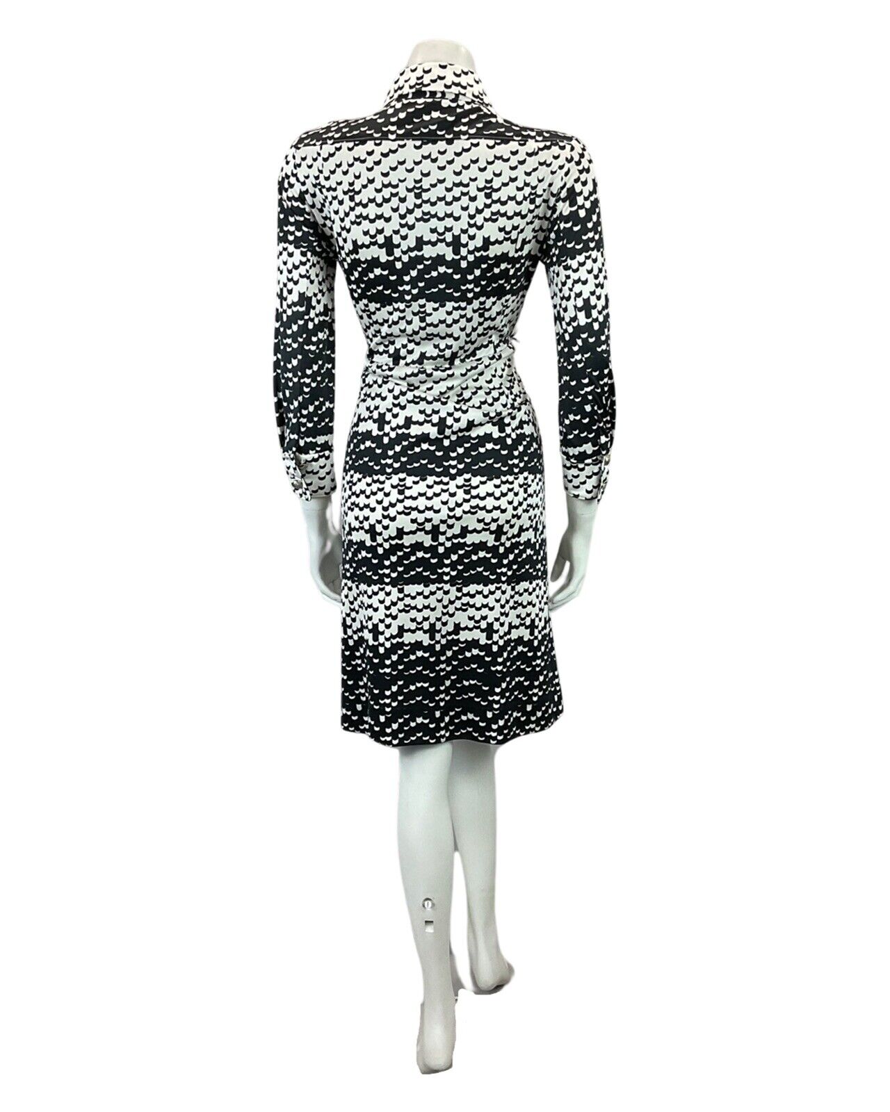 VINTAGE 60s 70s WHITE BLACK ABSTRACT PATTERN MOD BOHO MIDI DRESS 12 14