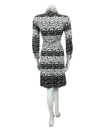 VINTAGE 60s 70s WHITE BLACK ABSTRACT PATTERN MOD BOHO MIDI DRESS 12 14