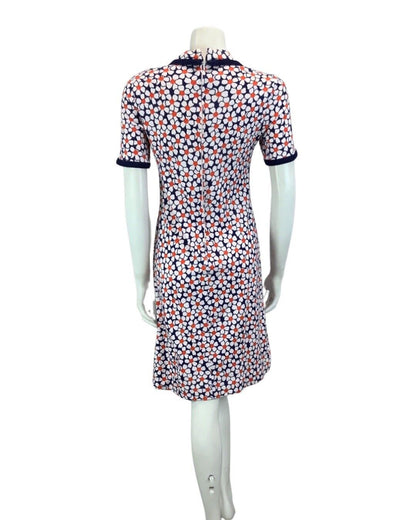 VINTAGE 60s 70s WHITE NAVY BLUE RED FLOWER DAISY MOD DAGGER SHIRT DRESS 8 10