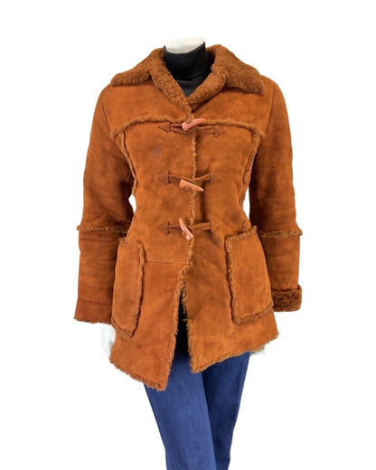 VINTAGE 60s 70s ORANGE RUST BROWN TOGGLE SHORT SHEEPSKIN SHEARLING COAT 10 12