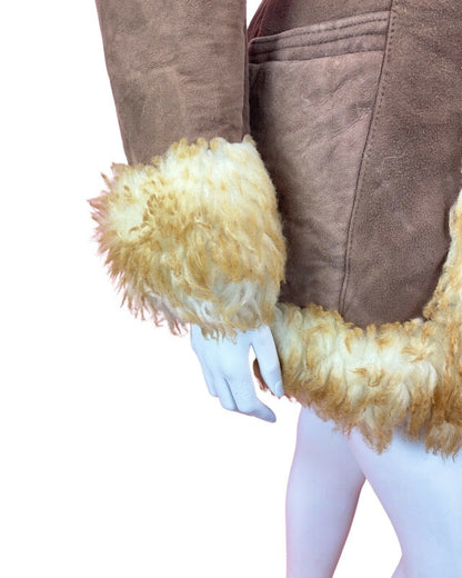 VINTAGE 60s 70s PEANUT BROWN CREAM SUEDE BOHO PENNY LANE SHEARLING COAT 10 12