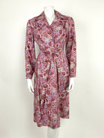 VTG 60s 70s PINK PURPLE GREEN WHITE FLORAL ROSE PSYCHEDELIC SHIRT DRESS 10 12