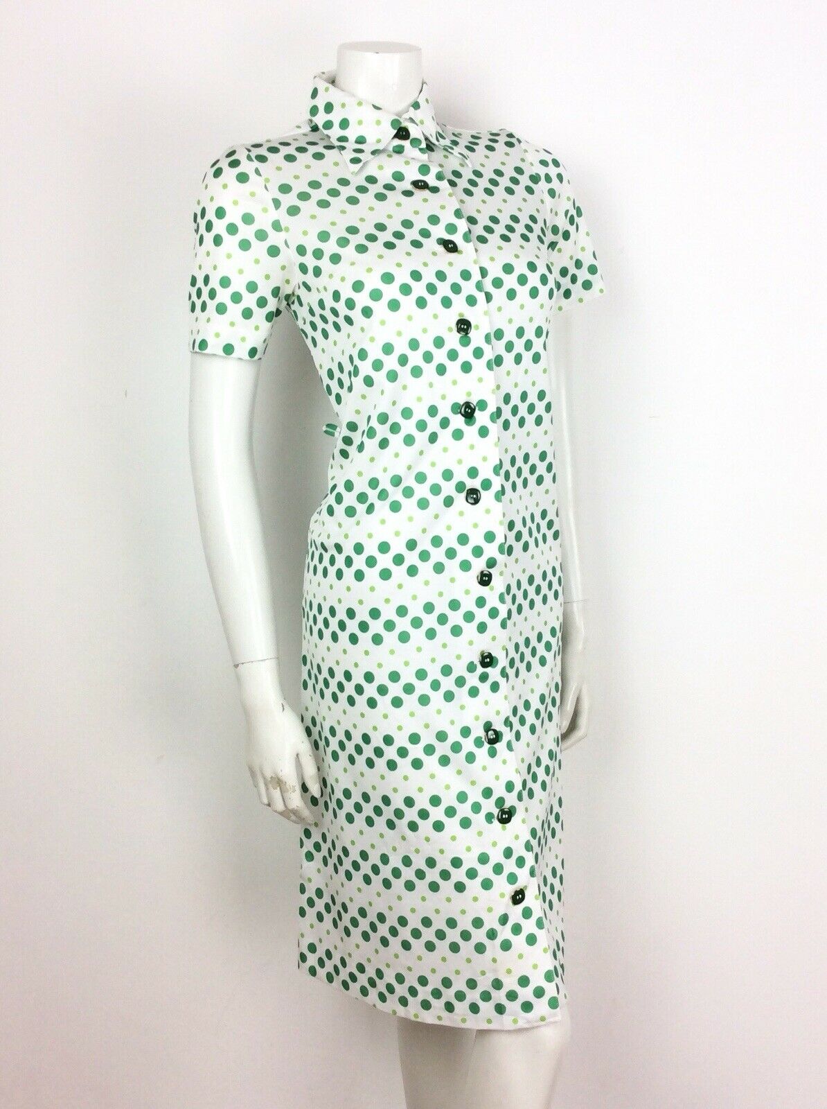 VINTAGE 60s 70s POLKA DOT SPOTTY WHITE GREEN SHIRT DRESS 8 10