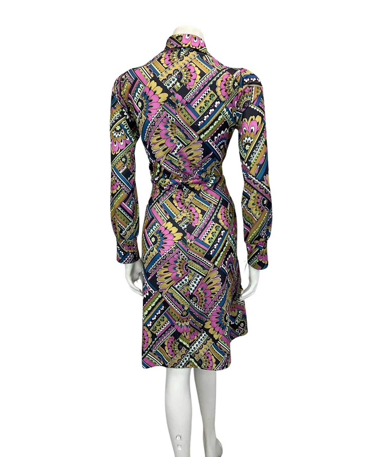 VINTAGE 60s 70s BLACK PURPLE BLUE GREEN PSYCHEDELIC MOD MIDI DRESS 8 10