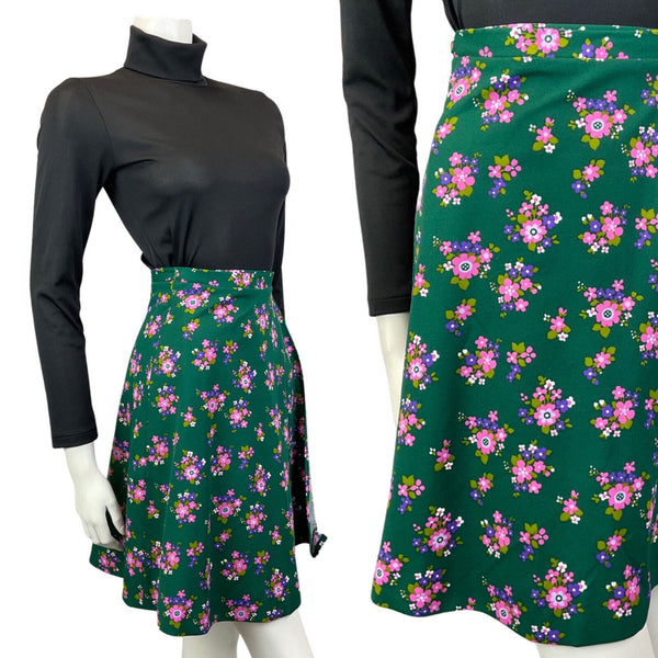 VINTAGE 60s 70s GREEN PINK PURPLE FLORAL DAISY MOD WRAP SHORT SWING SKIRT 6 8