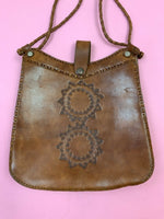 VINTAGE 60s 70s BROWN LEATHER BRAIDED MANDALA STAR BOHO FOLK SHOULDER BAG