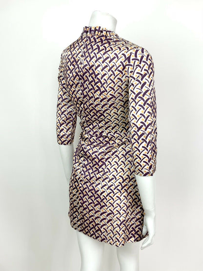 VINTAGE 60s 70s WHITE PURPLE YELLOW GEOMETRIC RUFFLE MOD SHIFT DRESS 8 10