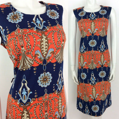 VTG 60s 70s FLORAL ROPE NAUTICAL NAVY BLUE ORANGE RED BROWN SHIFT DRESS 14 16