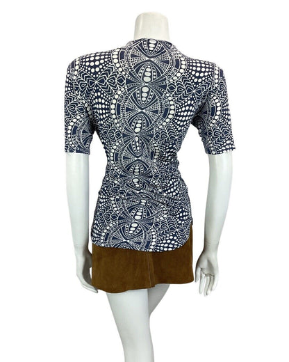 VINTAGE 60s 70s NAVY BLUE WHITE PSYCHEDELIC HIPPY FOLK PATTERNED TOP 10 12 14