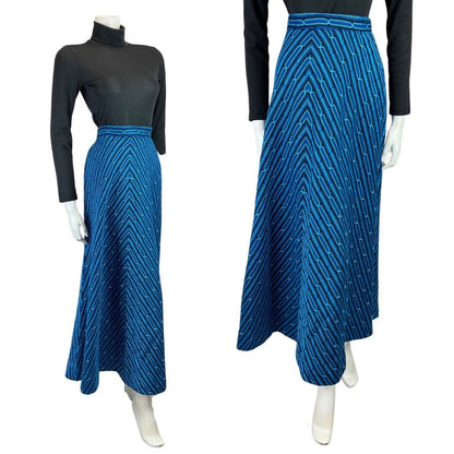 VINTAGE 60s 70s BLUE BLACK WOVEN GEOMETRIC STRIPED FLARED MAXI SKIRT 6