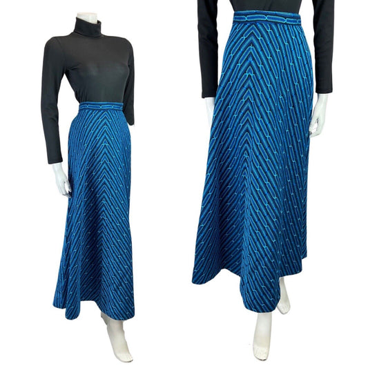 VINTAGE 60s 70s BLUE BLACK WOVEN GEOMETRIC STRIPED FLARED MAXI SKIRT 6