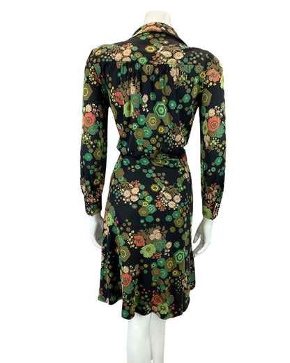 VINTAGE 60s 70s BLACK GREEN ORANGE FLORAL ABSTRACT PRINT MOD MIDI DRESS 14