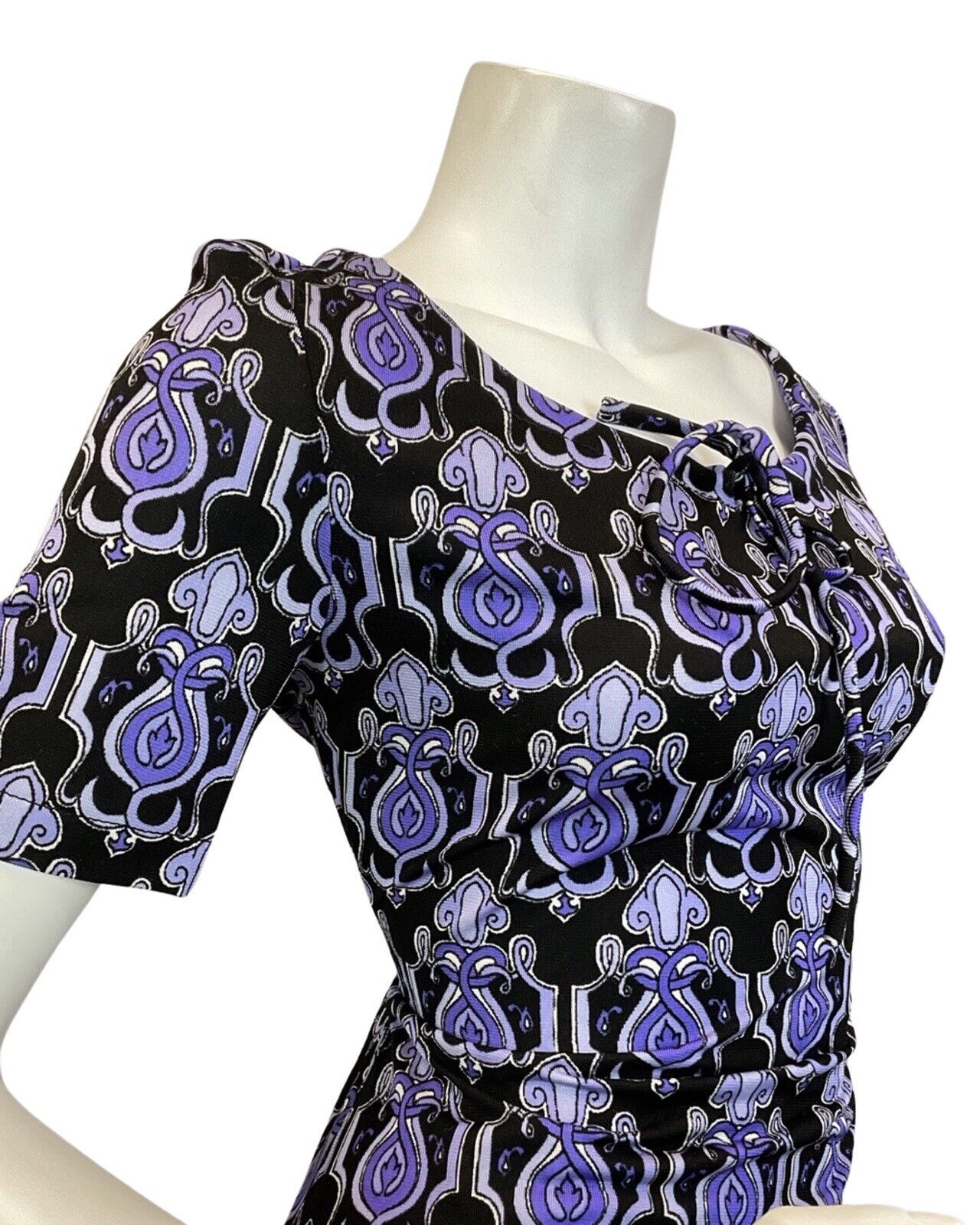 VINTAGE 60s 70s PURPLE BLACK PSYCHEDELIC NOUVEAU DECO MAXI DRESS 10 12