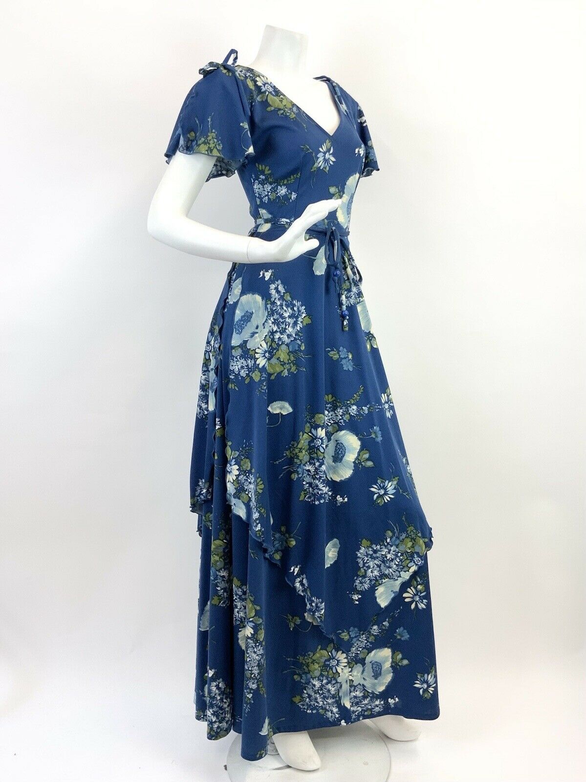 VINTAGE 60s 70s BLUE GREEN CREAM FLORAL TIERED RUFFLED FOLK PRAIRIE MAXI DRESS 8