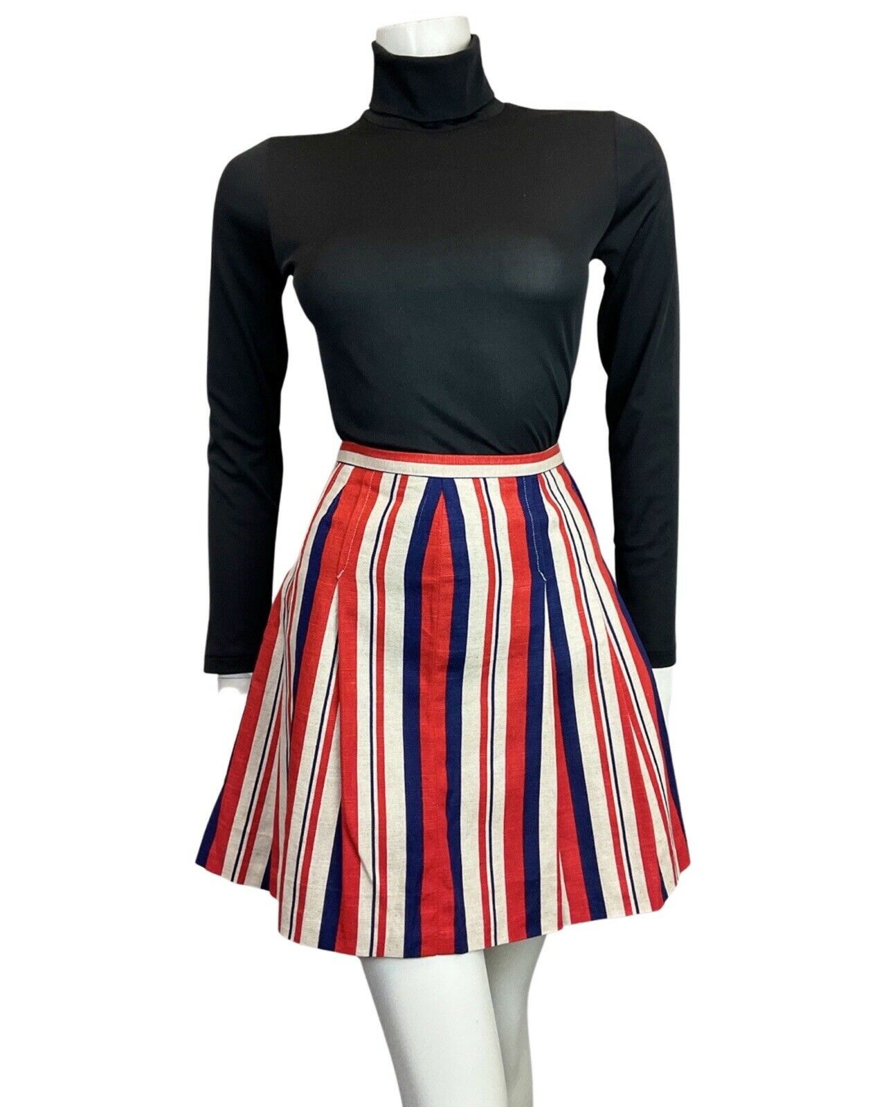 VINTAGE 60s 70s RED BLUE WHITE STRIPED PLEATED MOD MINI SKIRT 6 8